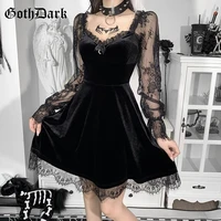 goth dark velour gothic aesthetic vintage dresses womens lace patchwork grunge black dress long sleeve a line autumn partywear