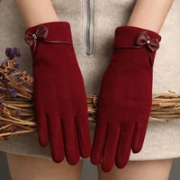 winter women touch screen suede leather plus velvet full finger warm mittens female cashmere bow sport cycling driving glove h80