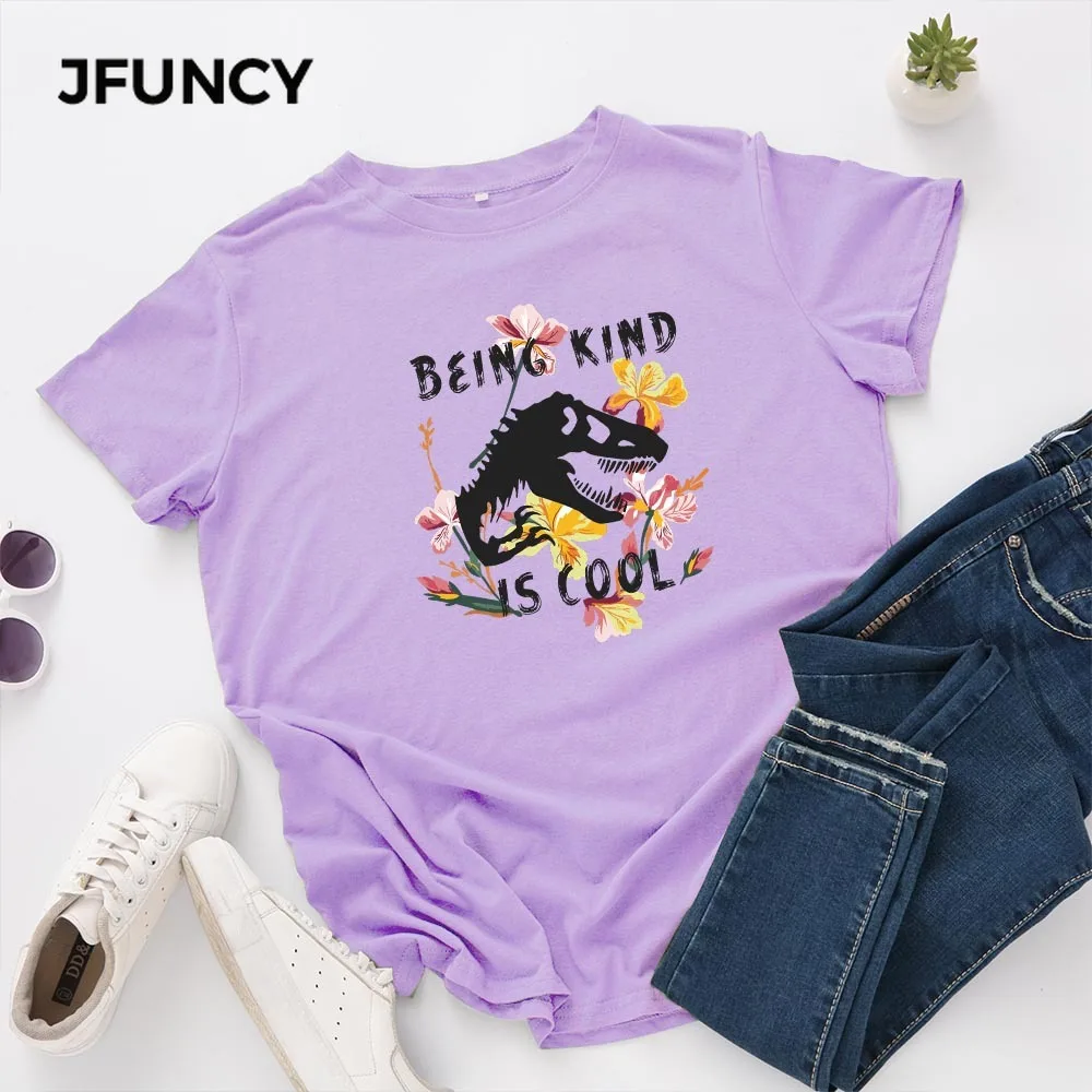 JFUNCY Fashion Print Women Oversized T-shirts  Short Sleeve Casual Loose Woman Tee Tops Female Summer Cotton Tshirt