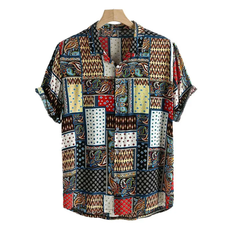 

Men Hippie Geometric Beach Casual Shirts Short Sleeve Patchwork T-Shirt Top New