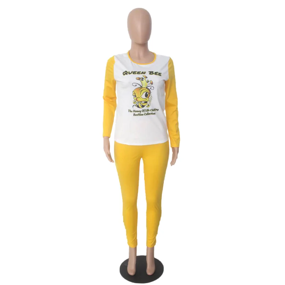 

Women Fitness Two Piece Sweatsuits Autumn Clothing Letter Mouth Print Long Sleeve T-shirts and Fitness Legging Streetwear Sets