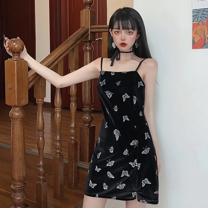 

Women's Summer 2021 New Butterfly Velvet Sling Sexy Party Skirts Slim Black Sleeveless Dress for Women Clothes Female Streetwear