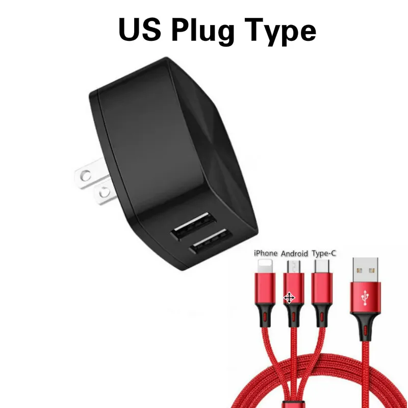 Двойной Быстрая зарядка для мобильных телефонов через USB Зарядное устройство 5V 2.4A 2 Порты и разъёмы Быстрая зарядка EU/US/UK розетки Зарядное устройство адаптер с 2.4A 3-в-1 кабель для быстрой зарядки - Цвет: US Plug Type
