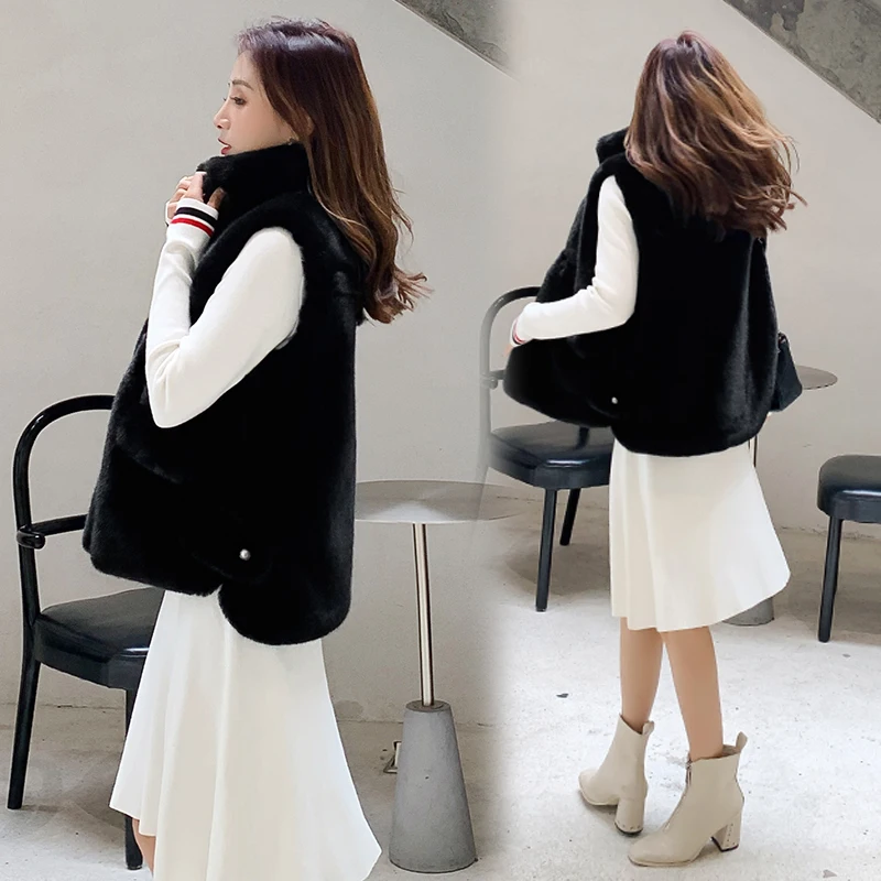 Женский зимний меховой жилет 2019 Однотонный женский с карманами короткая куртка
