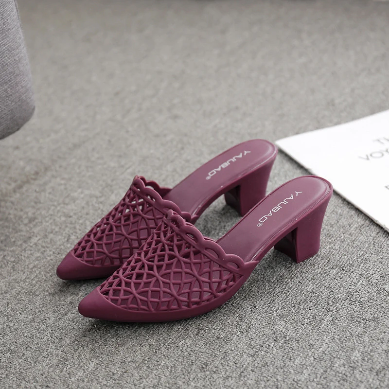 Босоножки женские сетчатые с острым носком на толстом каблуке нескользящей