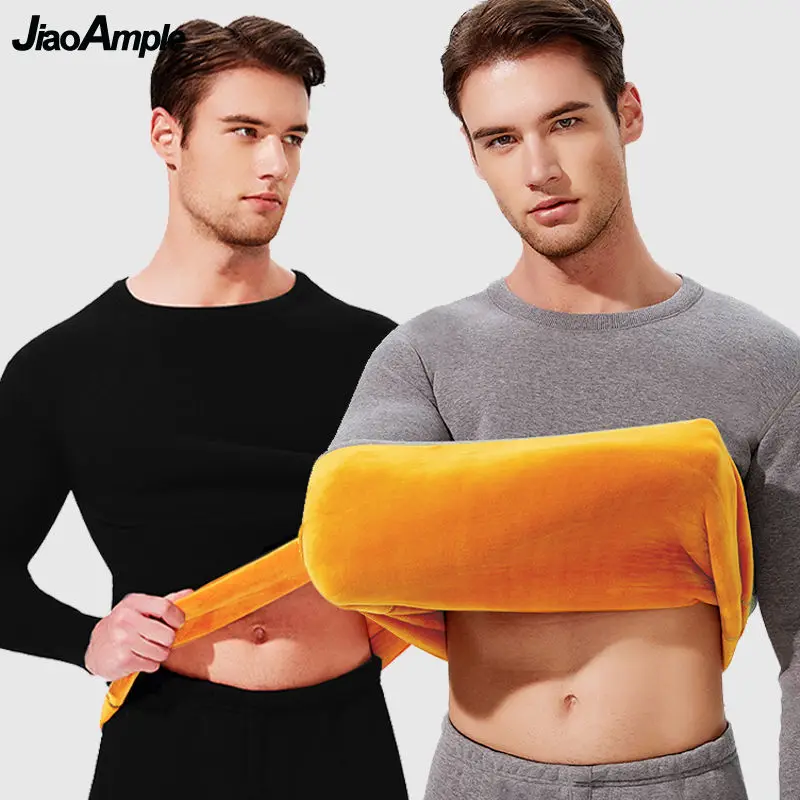 Winter Plush Fleece Warm Clothing Set Men Women Solid Classic Thick O-Neck Underwear Set Basic Thermal Tops Velvet Homewear