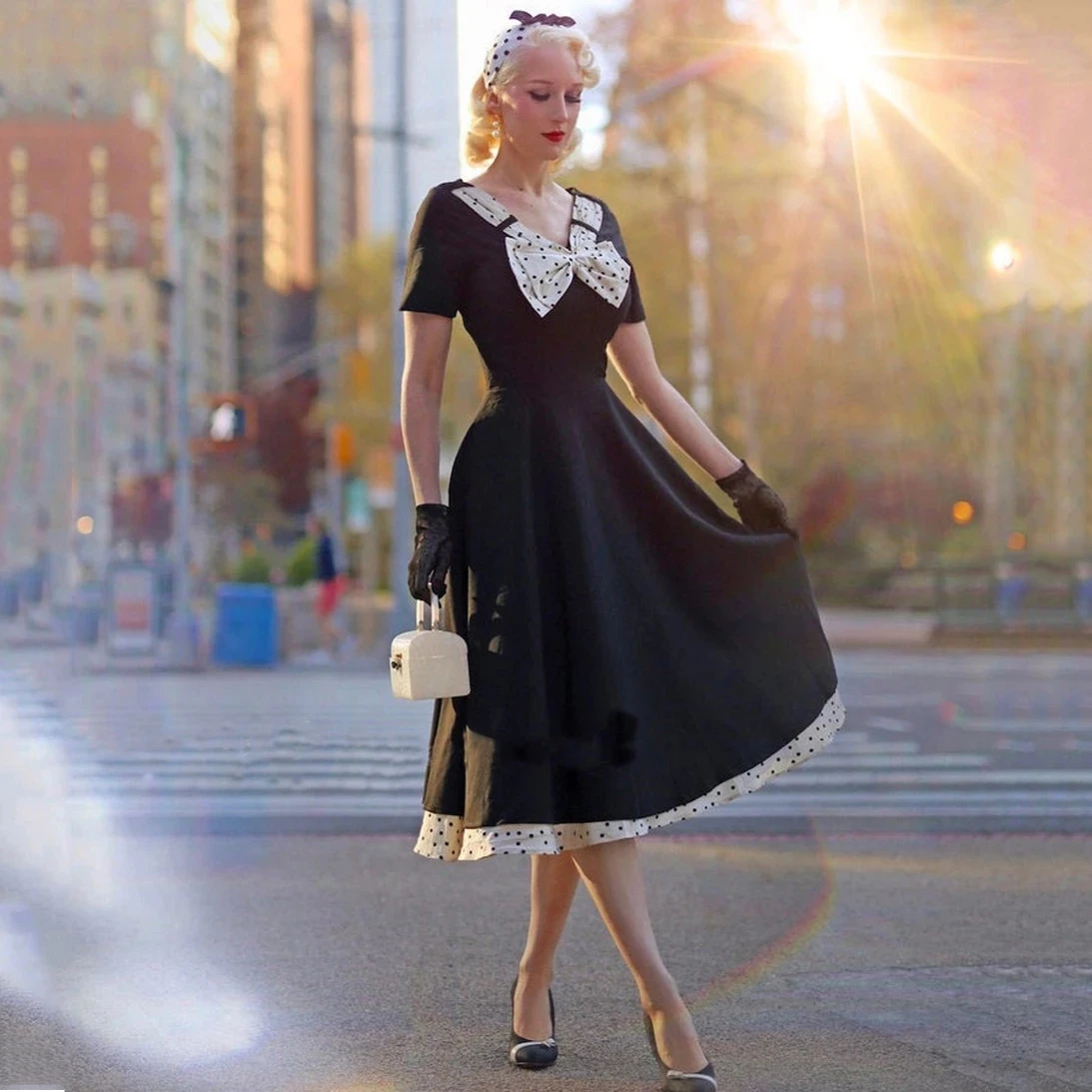 Ретро Винтаж 50s черное платье Хепберн элегантный v-образный вырез с бантом