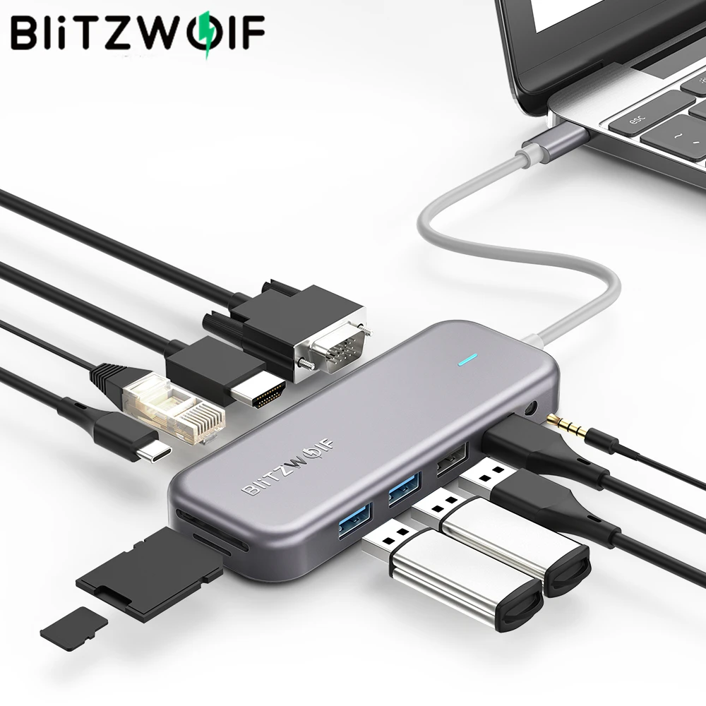 BlitzWolf BW TH8 11 в 1 USB C хаб для передачи данных Тип PD 3 0 TF кардридер 5 мм AUX 4K HDMI
