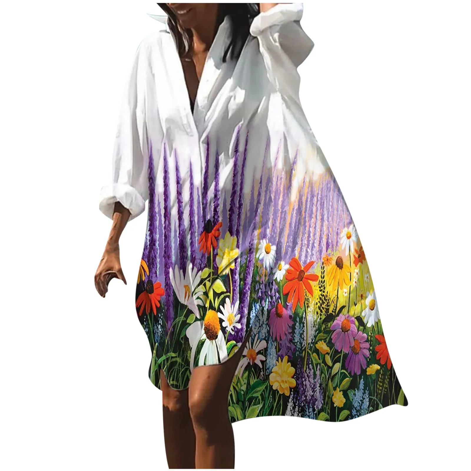 

Fashion Dresses For Women 2021 V-Neck Long Sleeve Floral Print Irregular Shirt Vacation Long Tank Dress vestidos mujer verano