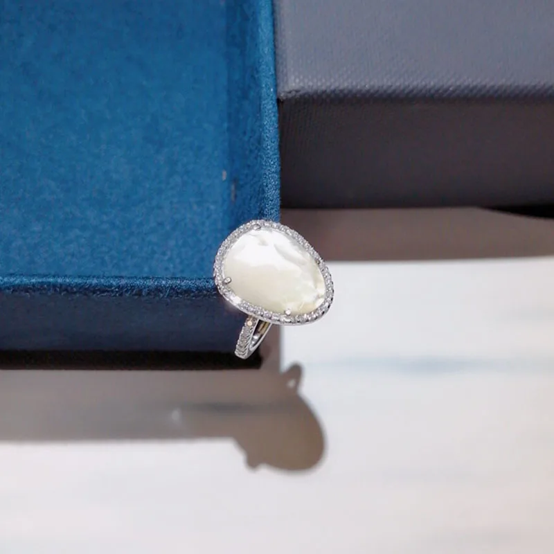 Baoyocn Fashion S925 Sterling Silver White Nacre Ring Rose Gold Color Mother of Pearl Ring Micro Cubic Zirconia Stones for Women