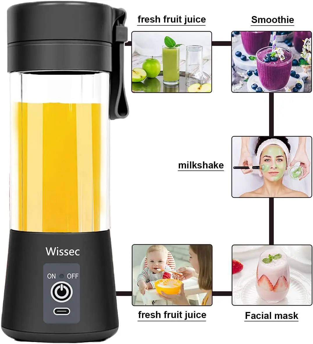 

Portable Blender Mini Blenders Smoothies Shakes Juicer Cup USB Rechargeable Six Blades in 3D for Superb Mixing 380mL