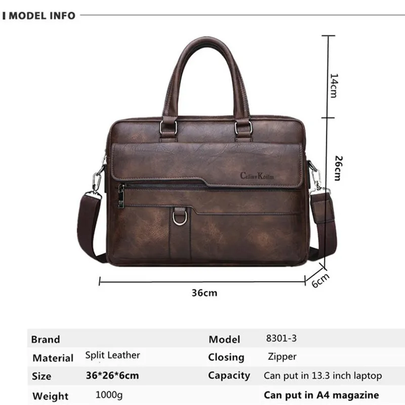 Celinv Koilm Men's Briefcase Bags High Quality Leather Men Business Crossbody Shoulder Travel Bag For 14' Laptop iPad A4 files