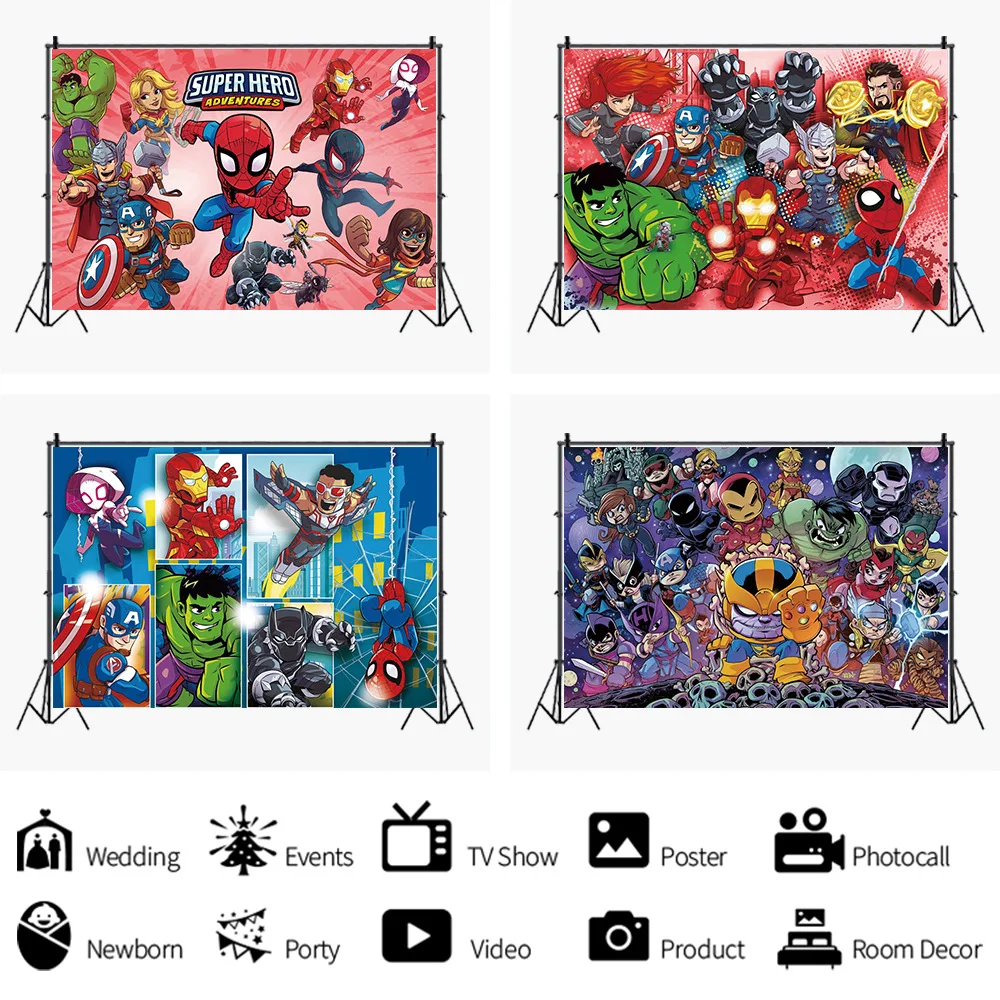 Fondo de cumplea&ntilde;os de Los Vengadores para ni&ntilde;os, tel&oacute;n de fondo de tela de superh&eacute;roes para beb&eacute;s, decoraciones de fiesta, fotograf&iacute;a personalizada, p&oacute;ster, fotos-5