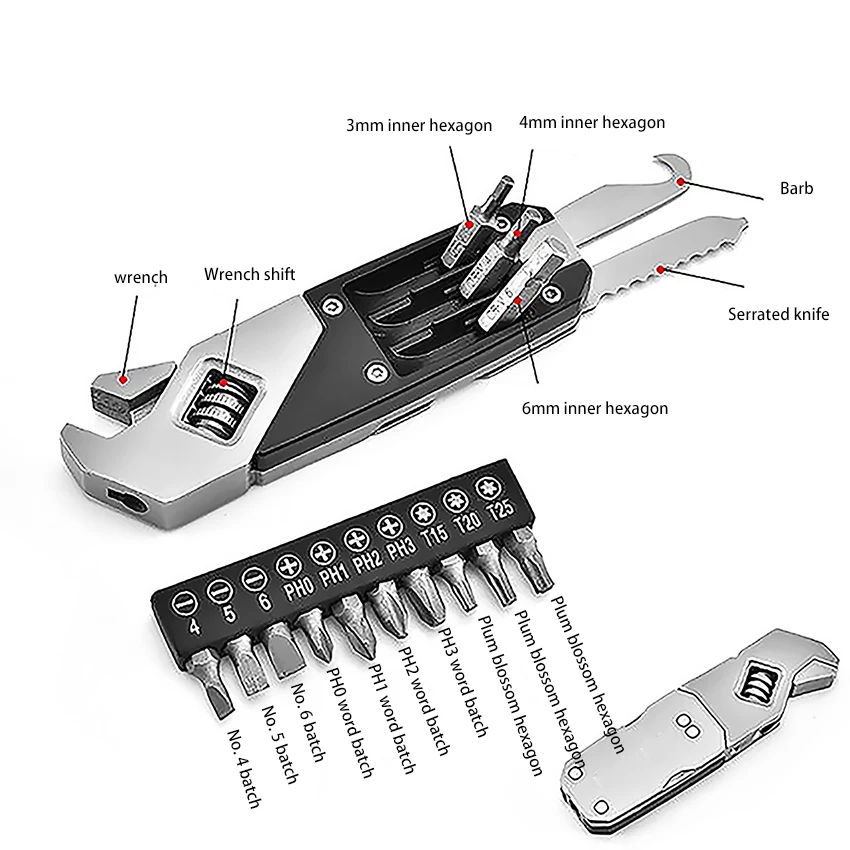 

1set Portable Stainless Steel Adjustable Wrench Foldable Pocket Inner Hexagon Tool Multifunctional Spanner Screwdriver Bits Kit