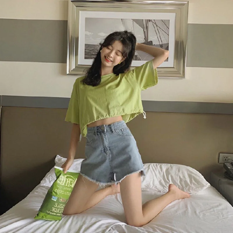 

Drawstring High Waist Tshirt Short Tops Women Vintage T Shirt Womens Tee Plus Size Korean Style T-Shirt Harajuku Kawaii Clothes