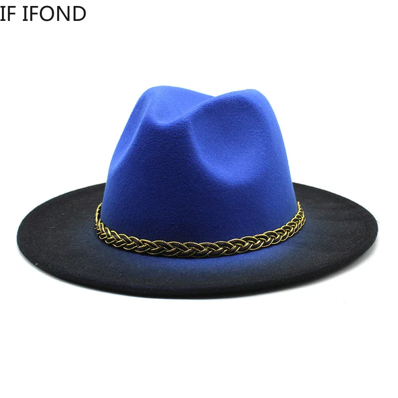 

New Felt Fedora Hat For Women 7CM Wide Brim Gradient Color Designed Panama Formal Jazz Caps Sombreros De Mujer