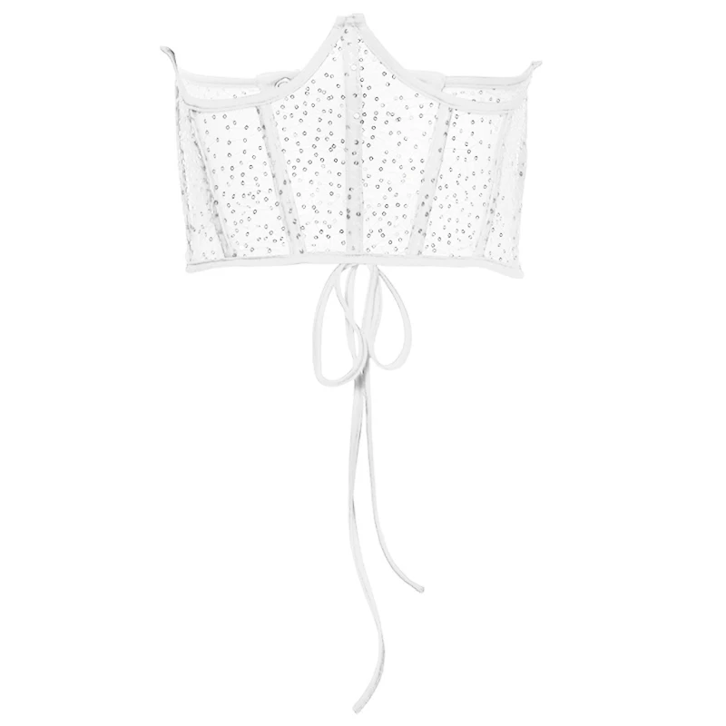 

Women Sheer Lace Mesh Corset Underbust Bustiers Glitter Sequins Solid Color Wide Waist Belt Shaper Cincher Tie Bandage Slim Sha