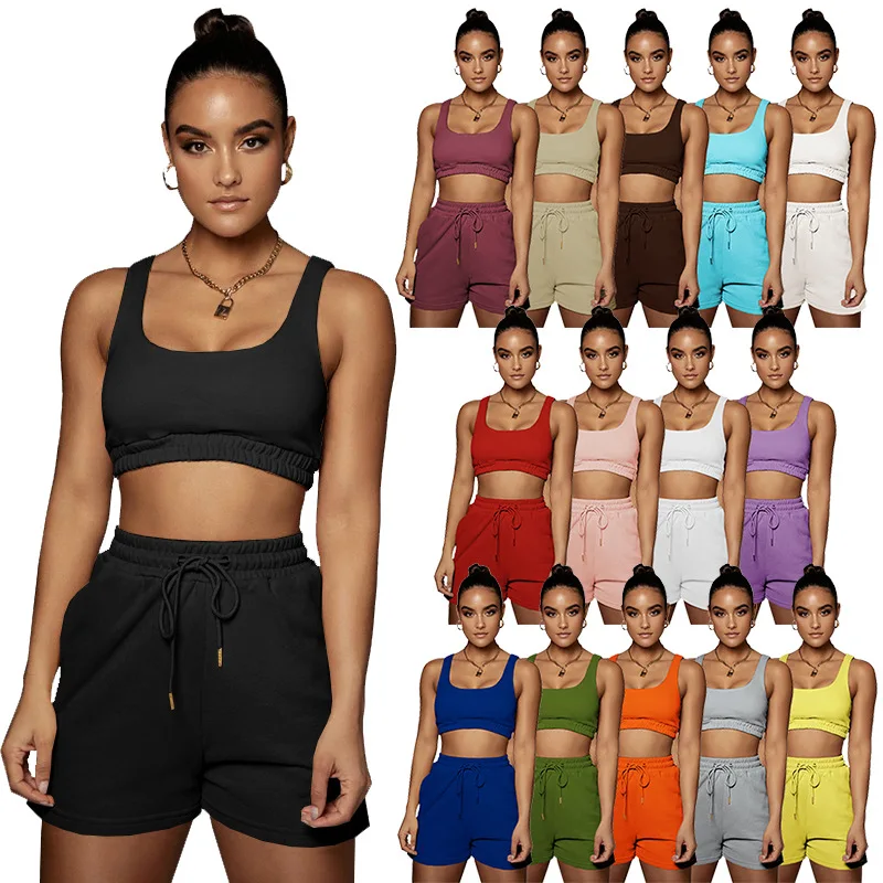 

Activewear Solid Sporty Two Piece Sets Women Summer Athleisure Outfits 2021 Tank Vest Crop Top and Drawstring Shorts Sweatsuit