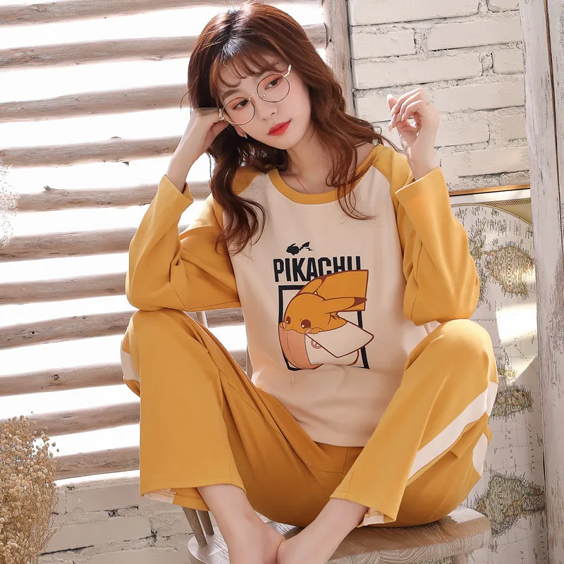 

Green Lace Leisure Nightwear Pocket Home Clothes Autumn Winter Cotton Pajamas Set for Women Cute Cartoon Print Sleepwear Set