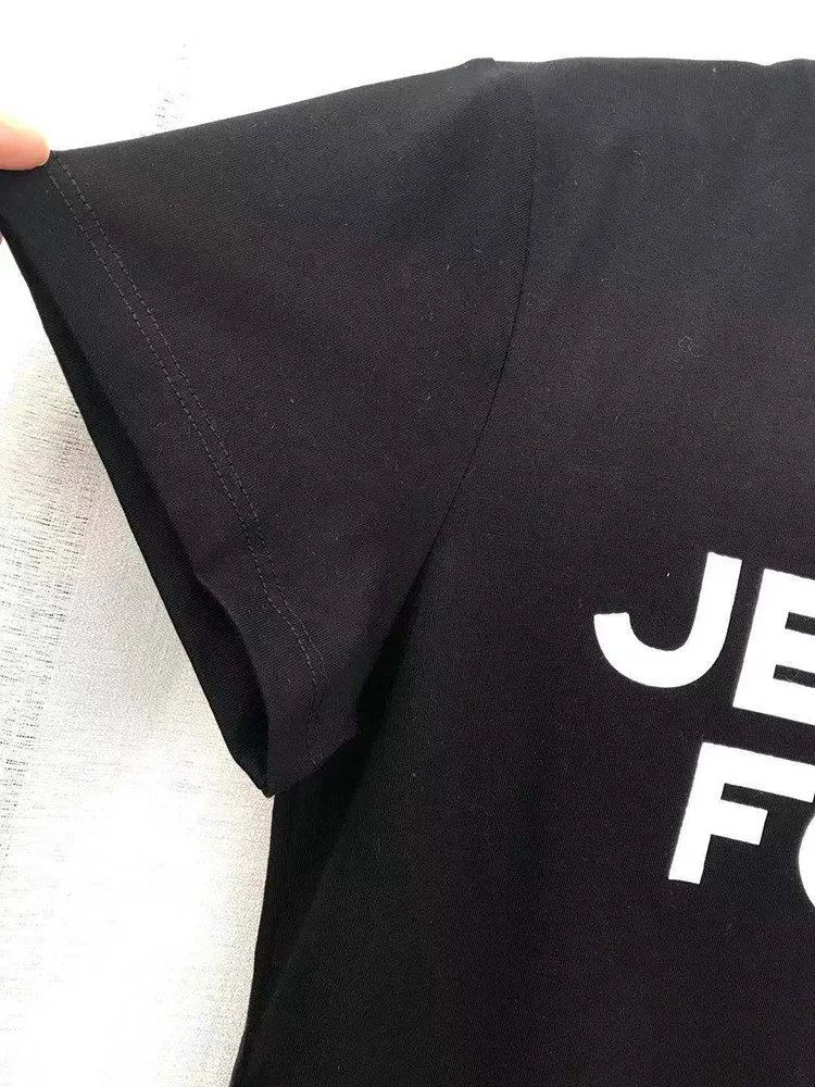 

Women's T-shirt Black O-neck Short Sleeve Letter Print Cotton Tops