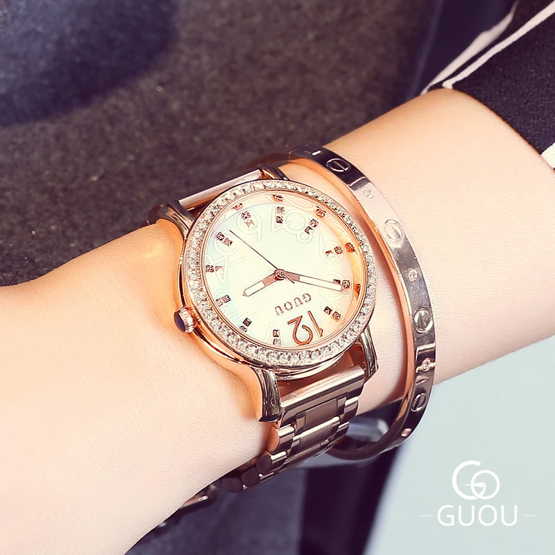 

GUOU Ladies Quartz Watches Roman Numerals Dial Gold Plated Rhinestone Case Steel Strap Waterproof Women Wristwatch Birthday Gift
