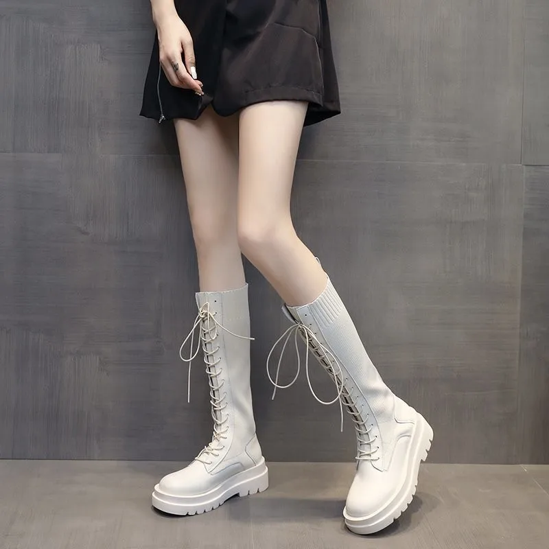 

Women Sock Boots Autumn Lace up Mid Calf Boots Female High Platform Sock Shoes Fashion Beige Stockings Boots Mid-calf