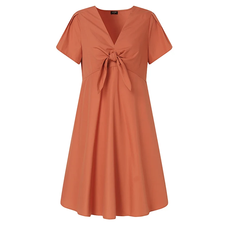 

VONDA 2021 Women Summer Knee-Length Dress 2021 Summer Sexy V Neck Casual Bowknot Plain Dresses Bohemian Vestidos Plus Size Robe