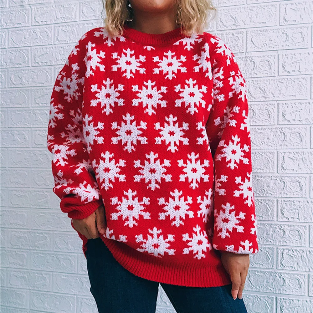 

Women's Sweater Autumn Winter New Fashion Casual Loose Round Neck And Long Sleeves Thickened Snowflakes Christmas And New Year