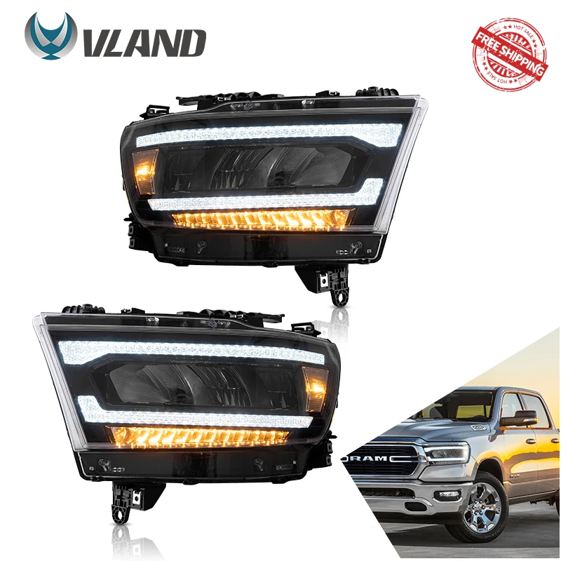 

Vland Автомобильная фара в сборе для Dodge RAM 1500 2019-UP светодиодный LED DRL передние фары с последовательным желтым поворотным сигналом YAX-RAM-6001