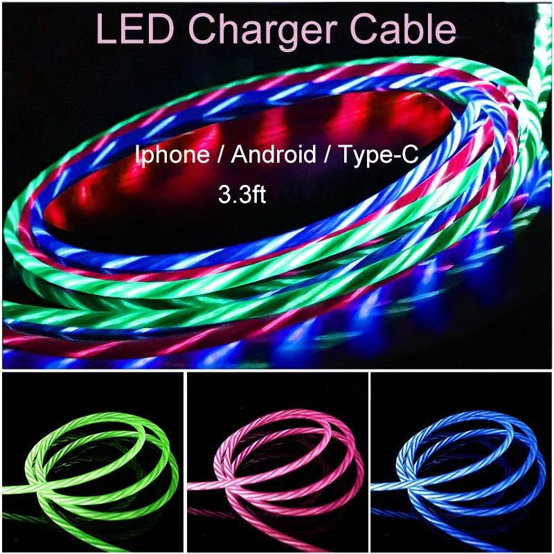 1M 2M 3A Lighting Wire Flowing LED USB Cable Micro USB Charging Cable Type C 8Pin Fast Charger Cable QC 3.0 Quick Charge 3.0 2.0