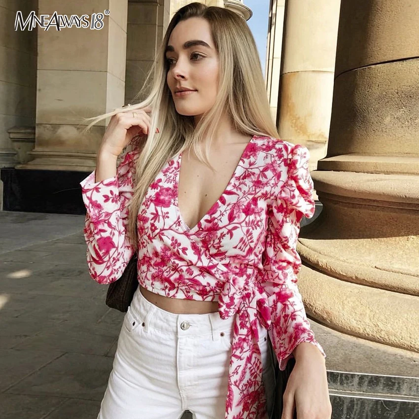 Женская блузка с цветочным принтом Mnealways18 винтажный буф длинным рукавом синий