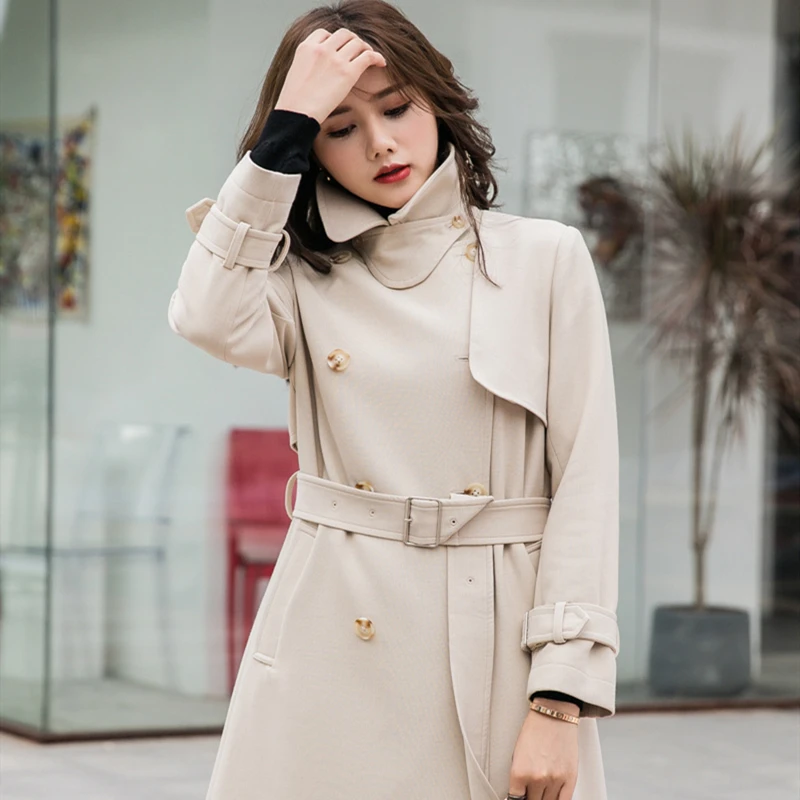 

New Temperament Womens Double-Breasted Turn-down Collar Mid-Length High Quality Overcoat Windbreaker with Belt Windbreaker