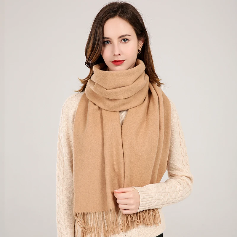 Женский шарф из 100% чистой шерсти зимний кашемировый для девушек однотонный с