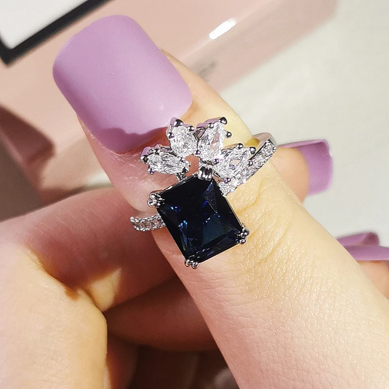 

2021 New Trendy Blue Color Flower 925 Sterling Silver Fashion Ring For Women Party Gift Jewelry Wholesale R5977