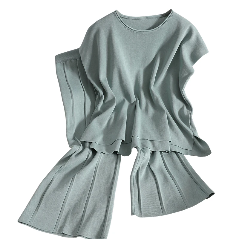 

ALPHALMODA 2021 Round Neck Split Sleeveless Tank Top + Pleated Wide Leg Pants Women Casual Knitted Two-piece Suit