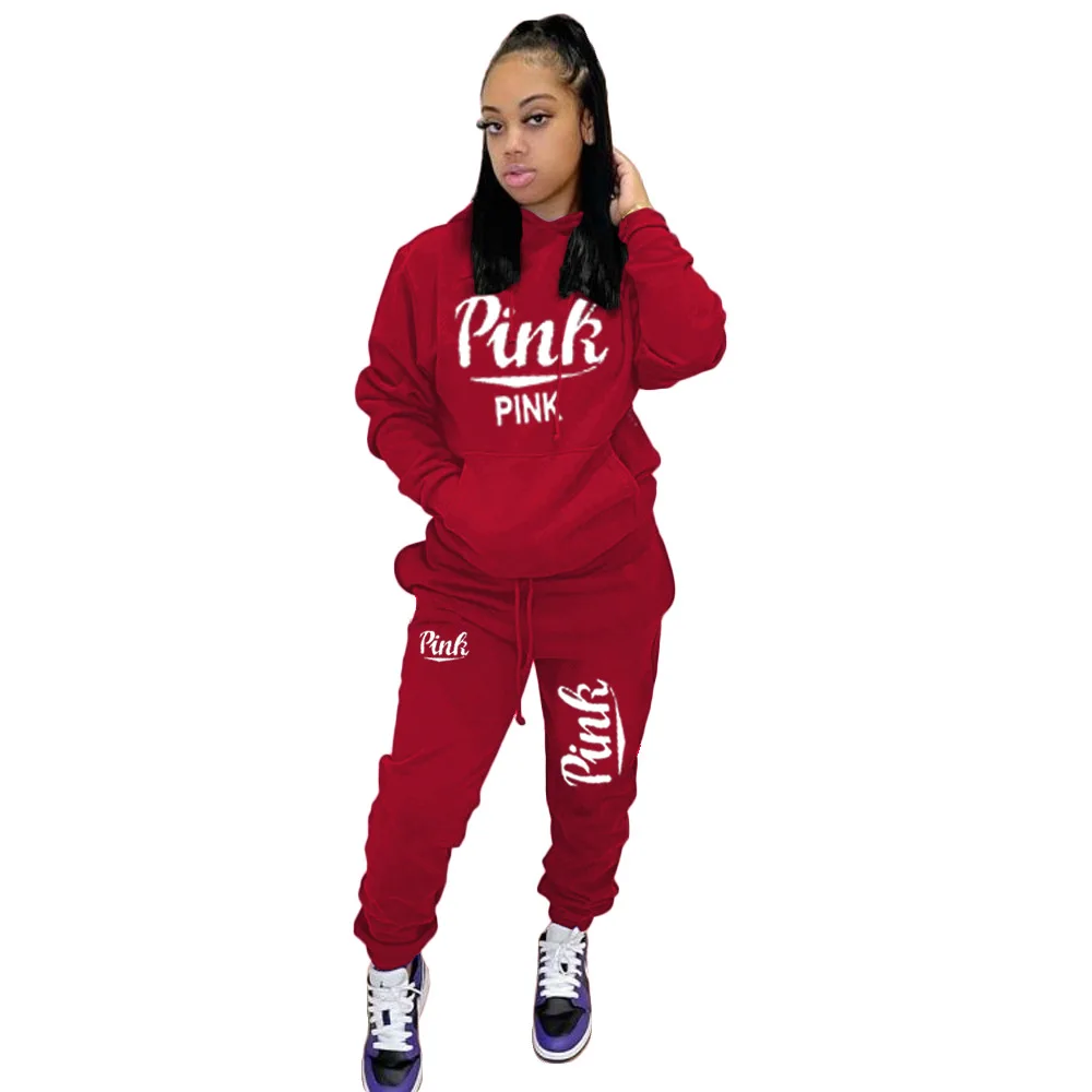 

Active Pink Letter Keep Warm Elastic Sweatsuit Two 2 Piece Set Women Fitness Outfit Hoodies + Jogger Pants Set Tracksuit