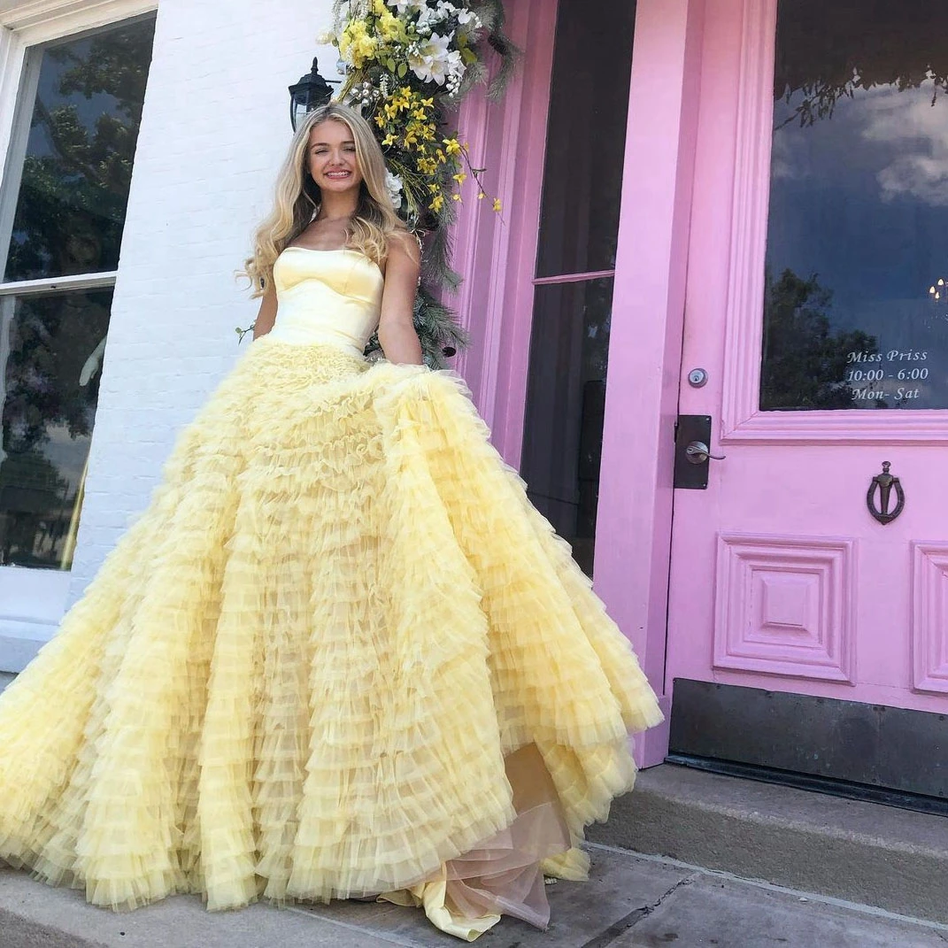 

High Quality Bright Yellow Party Gown Strapless Sleeveless High Waist Floor Length Layered Puffy Tulle Formal Evening Dresses