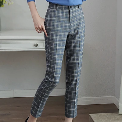 Grey Plaid Pant Новинка, повседневные женские брюки длиной до щиколотки, высокое качество, прямые брюки, средняя талия, узкие брюки, красные, синие, черные, розовые - Цвет: Grey Plaid Pant