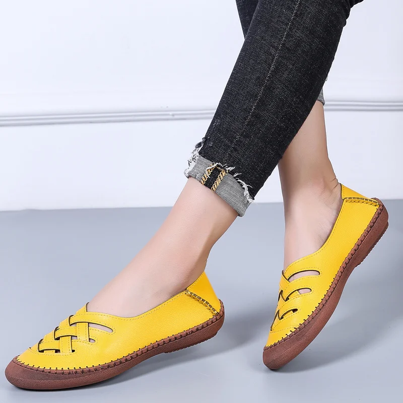 Туфли женские на плоской подошве дышащие лоферы без застежки удобная кожаная