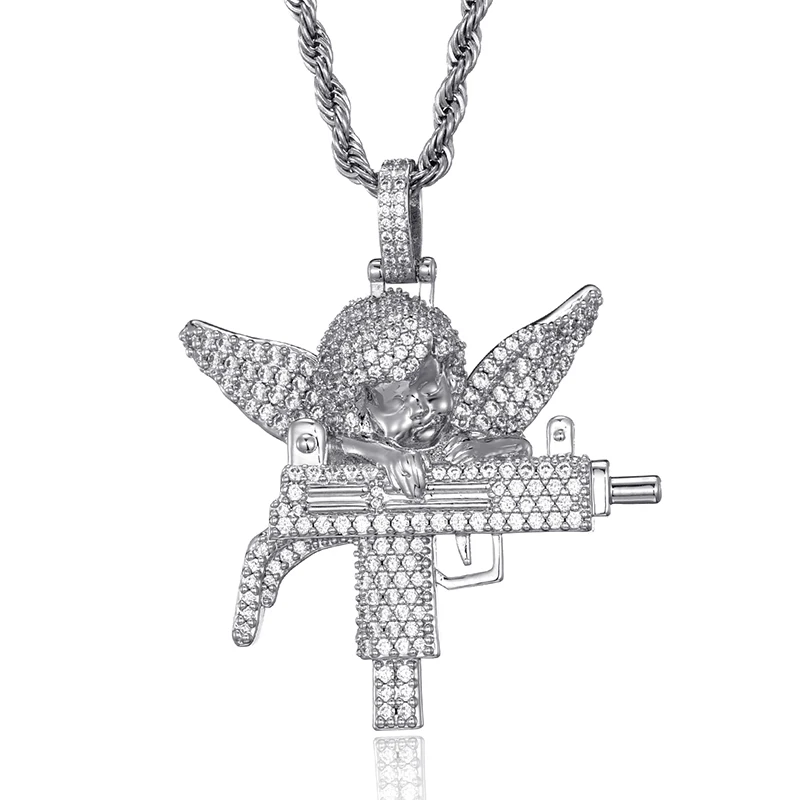 

Hip Hop Guardian Angel Bling Cubic Zirconia AAA CZ Stones Necklaces & Pendants For Men Rapper Jewelry With Solid Back