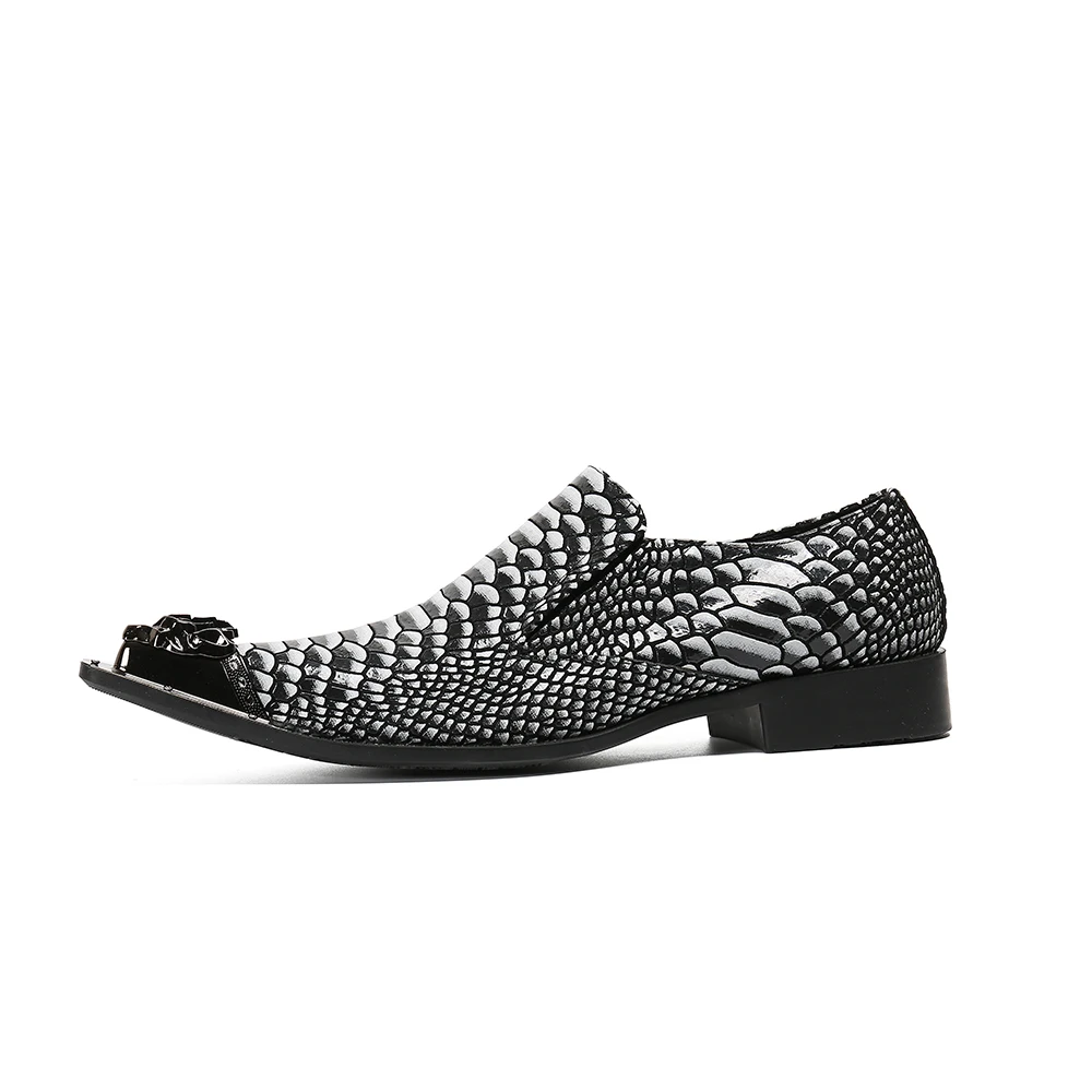 

Christia Bella Metal Carved Pointed Toe Plus Size Male Party Dress Shoes Snakeskin Pattern Genuine Leather Men's Fashion Shoes