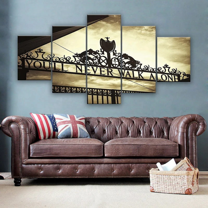 

5 Panel Canvas Painting Sports Liverpool Iron Gate You'll Never Walk Alone Wall Art Posters and Print Modular for Home Decor