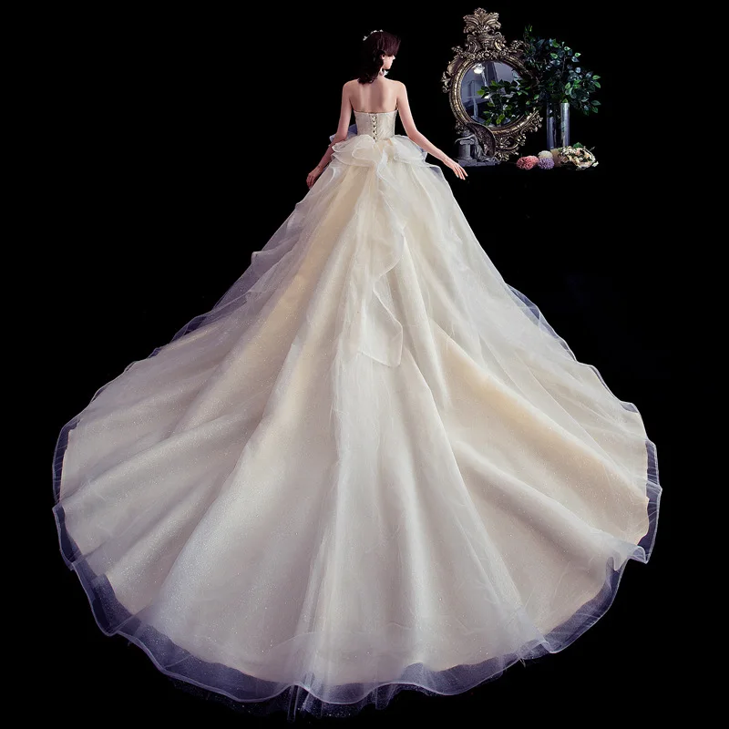 2021 Strapless Wedding Dress With Brush Train Lace Up Bridal Ball Gown Classic Robe De Mariee Customize Vestido De Noiva