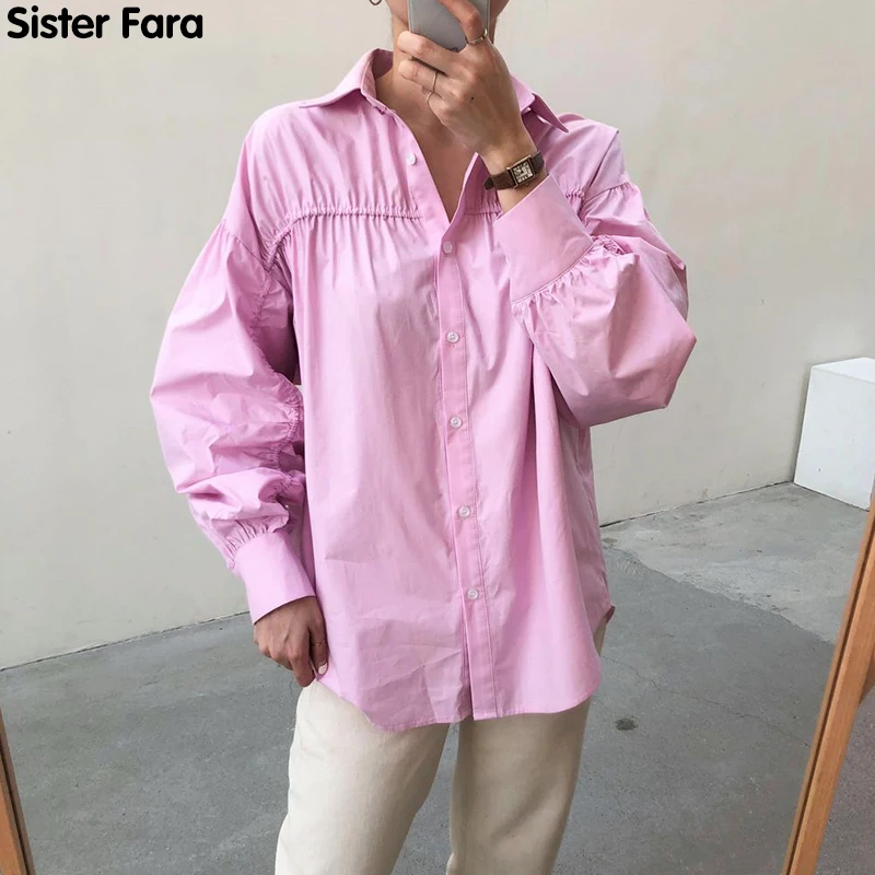 

Женская свободная рубашка Sister Fara, повседневная элегантная однотонная блузка с отложным воротником и длинным рукавом, весна 2021