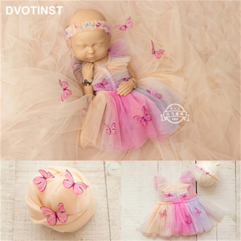 Dvotinst Newborn Baby Girls Photography Props Butterly Outfit Dress Headband Set Rainbow Fotografia Studio Shooting Photo Props