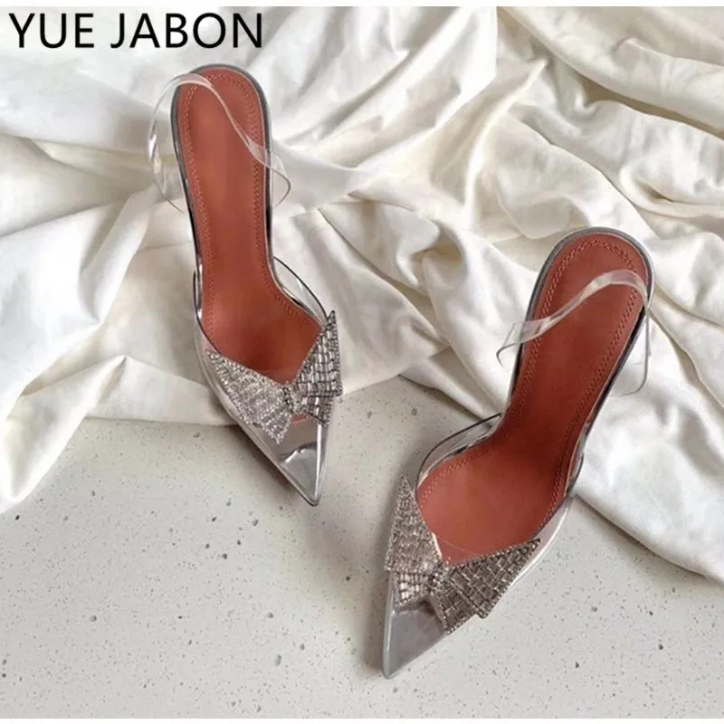 

Spring 2022 Fashion PVC Crystal Women's Pumps Sexy Elegant Thin Heels Pointed Toe Shoes Butterfly-Knot Slingback Novelty Shoes