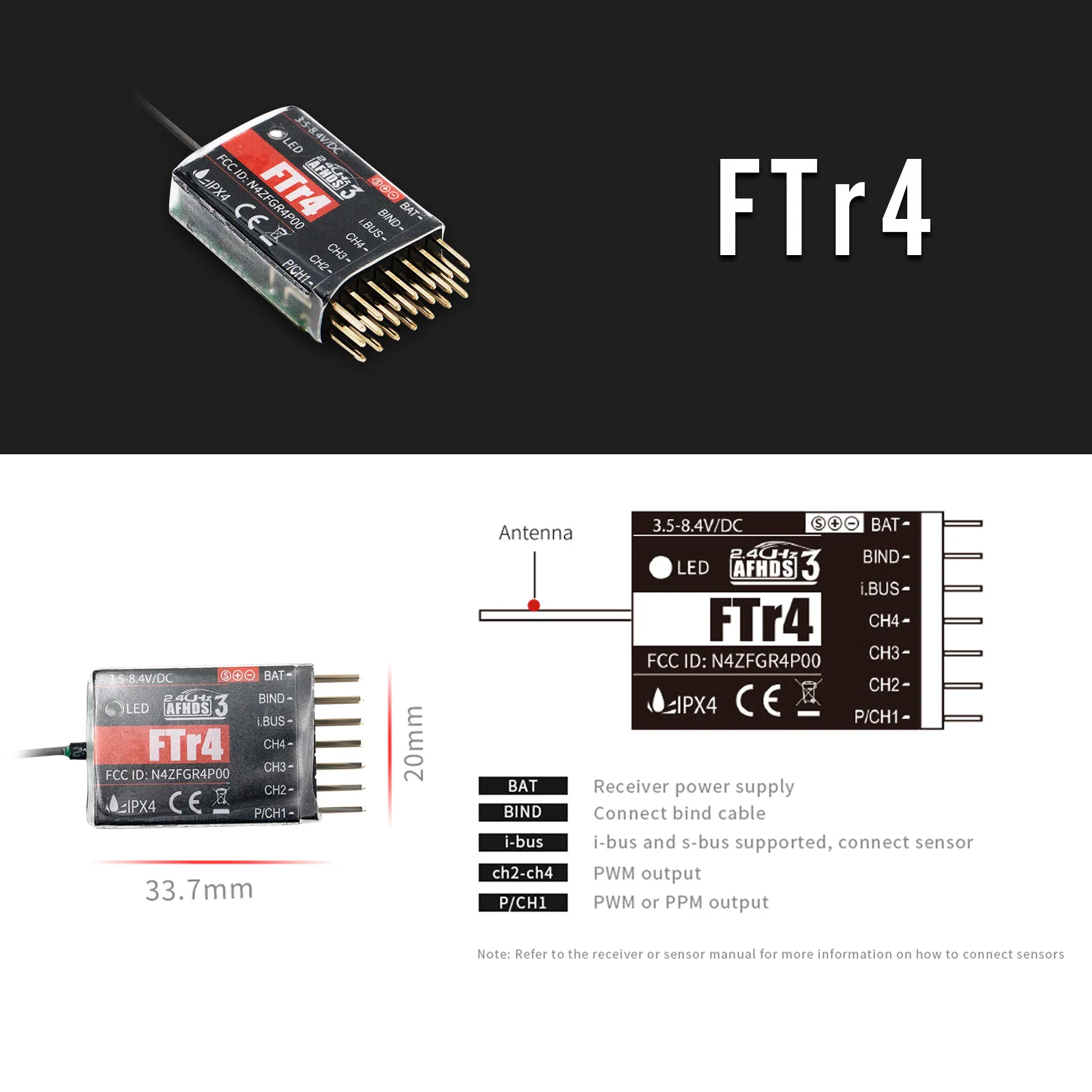 Приемник Flysky FTR4 2 4 ГГц 4CH AFHDS 3 Радиоуправляемый приемник для радиоуправляемых