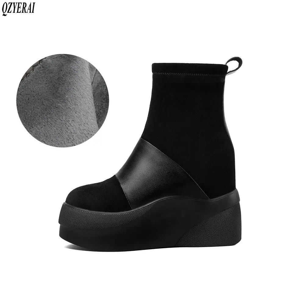 

New Winter women shoes natural Genuine leather boots bottom of the thick Warm fur Female boots 100%cowhide Chelsea snow boots