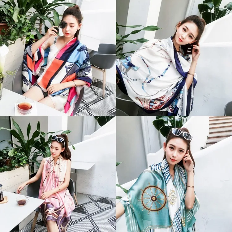 

New Silk Scarf Korean Printed Silk Imitated Woman Scarf Decoration Sunscreen Long Variable Shawl Beach Scarf