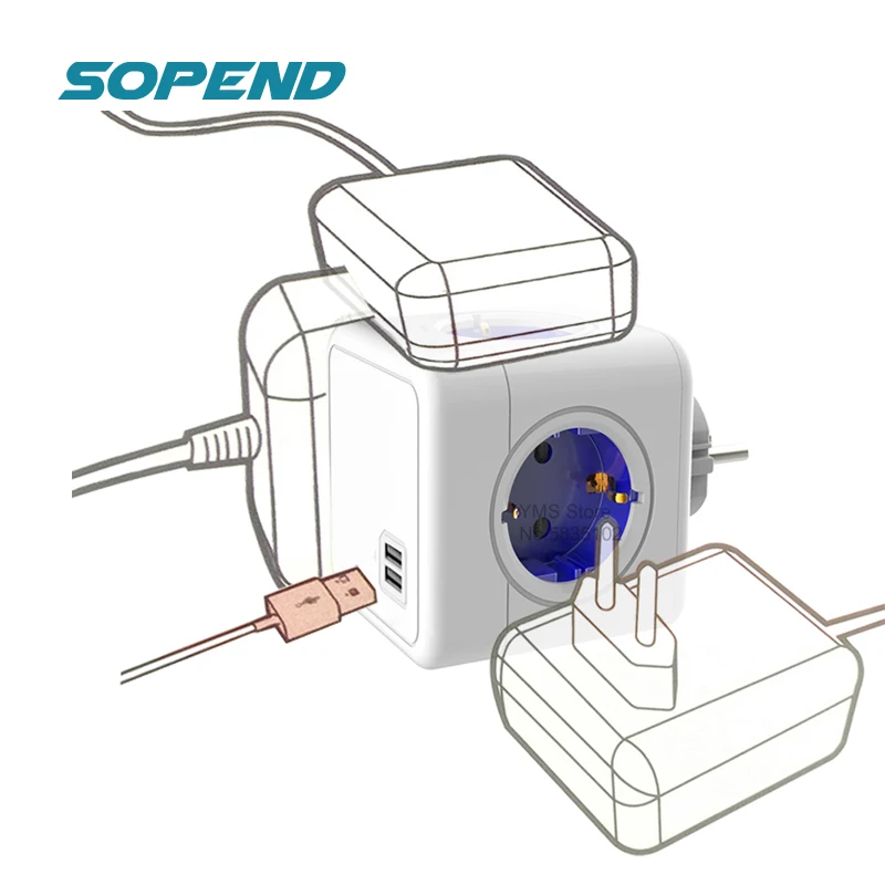 

Sopend PowerCube 5 В, 2,1 А, USB Удлинитель питания ЕС штекер настенная розетка Smart 4 розетки Электрический адаптер 250 В 3680 Вт Расширение для дома и офиса